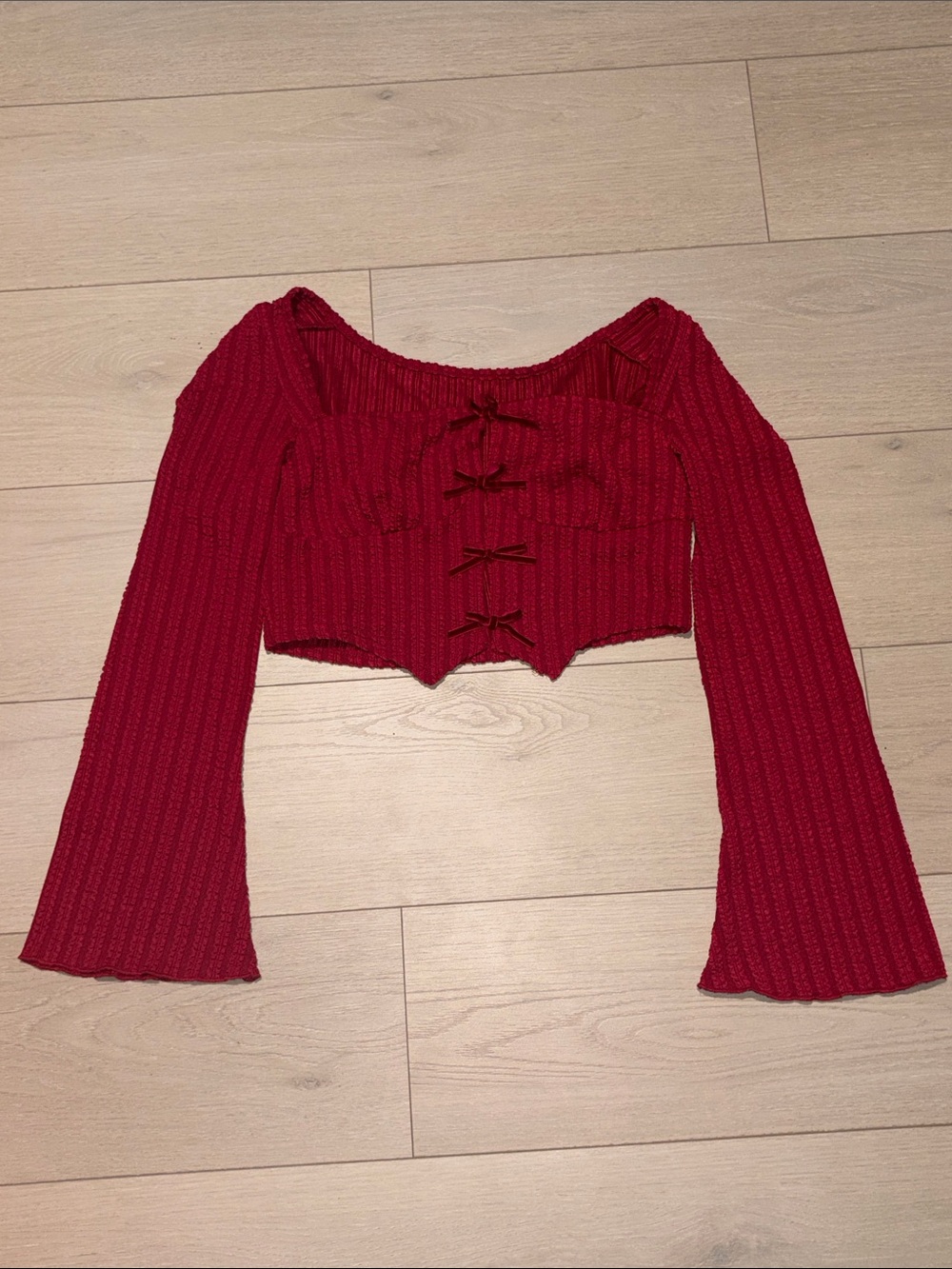 SHEIN Red Ribbed Lace-Up Off-Shoulder Cropped Sweater